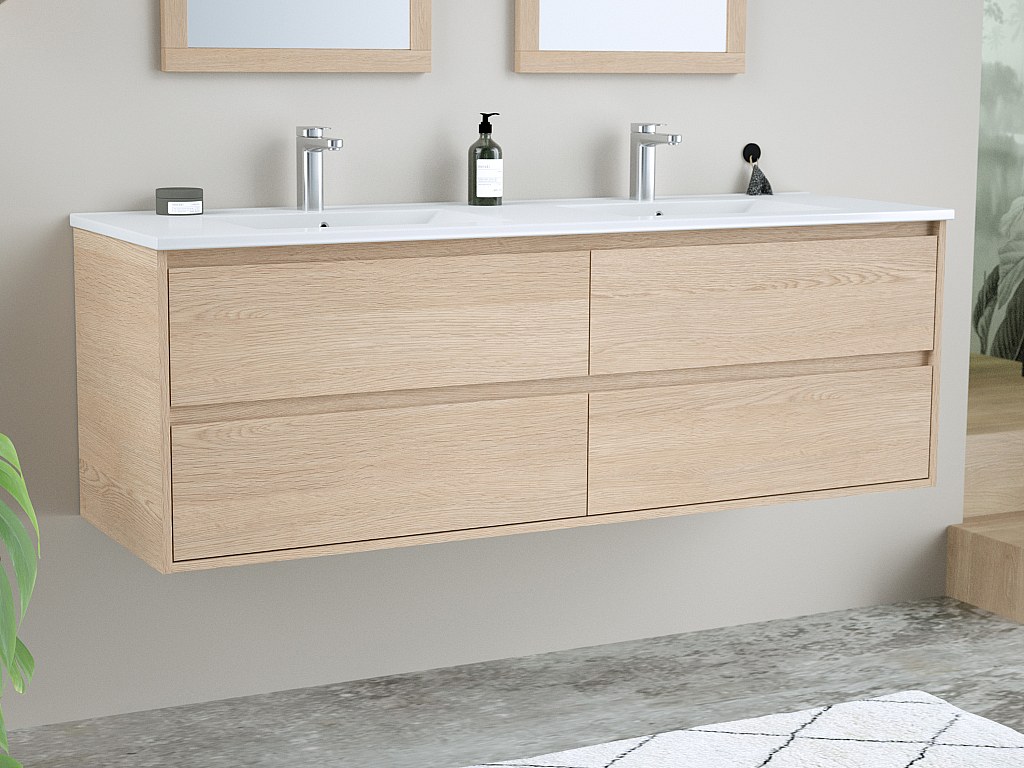 Waschbeckenunterschrank hängend mit Einbauwaschbecken - Eichenfurnier - 150 cm - MILIPAM