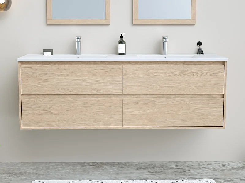 Meuble de salle de bain suspendu avec vasque à encastrer - Placage chêne - 150 cm - MILIPAM