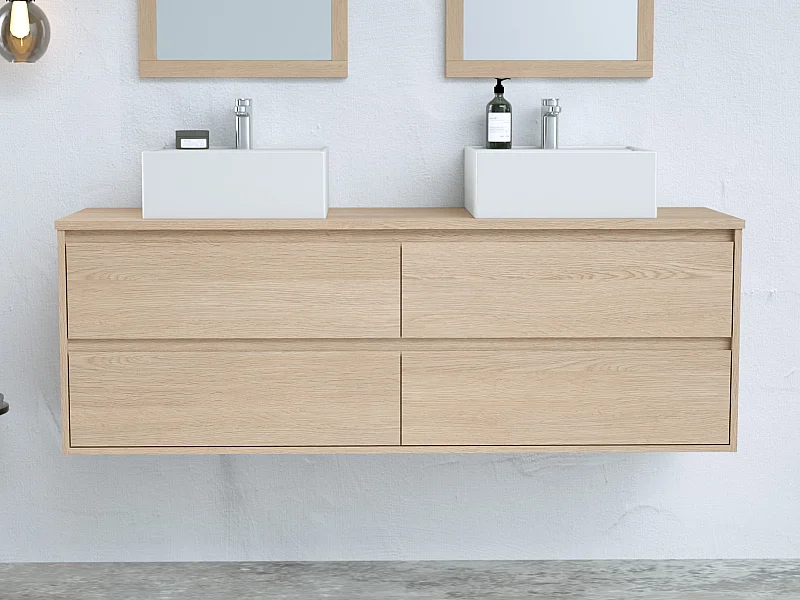 Mueble de baño suspendido con doble lavabo de cerámica para empotrar - Chapado en roble - 150 cm - MILIPAM