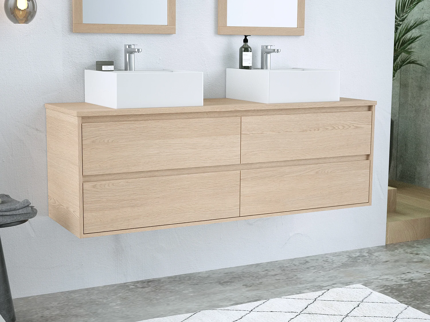 Szafka łazienkowa wisząca  z dwoma ceramicznymi umywalkami nablatowymi - Okleina dębowa - 150 cm - MILIPAM