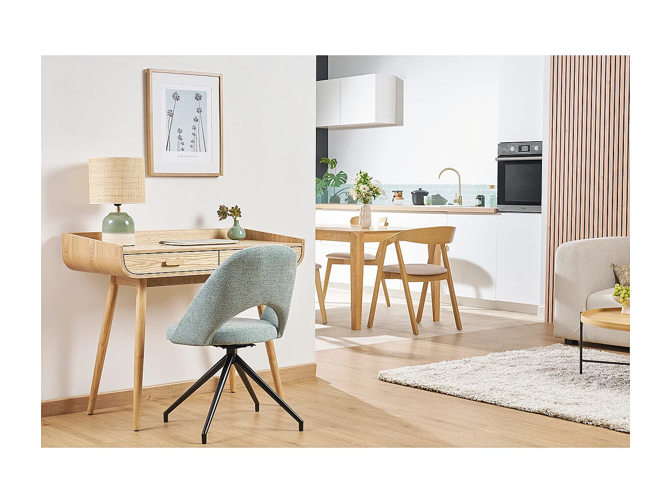 Silla giratoria 360º de tejido efecto aterciopelado texturizado celadón y metal negro COSETTE