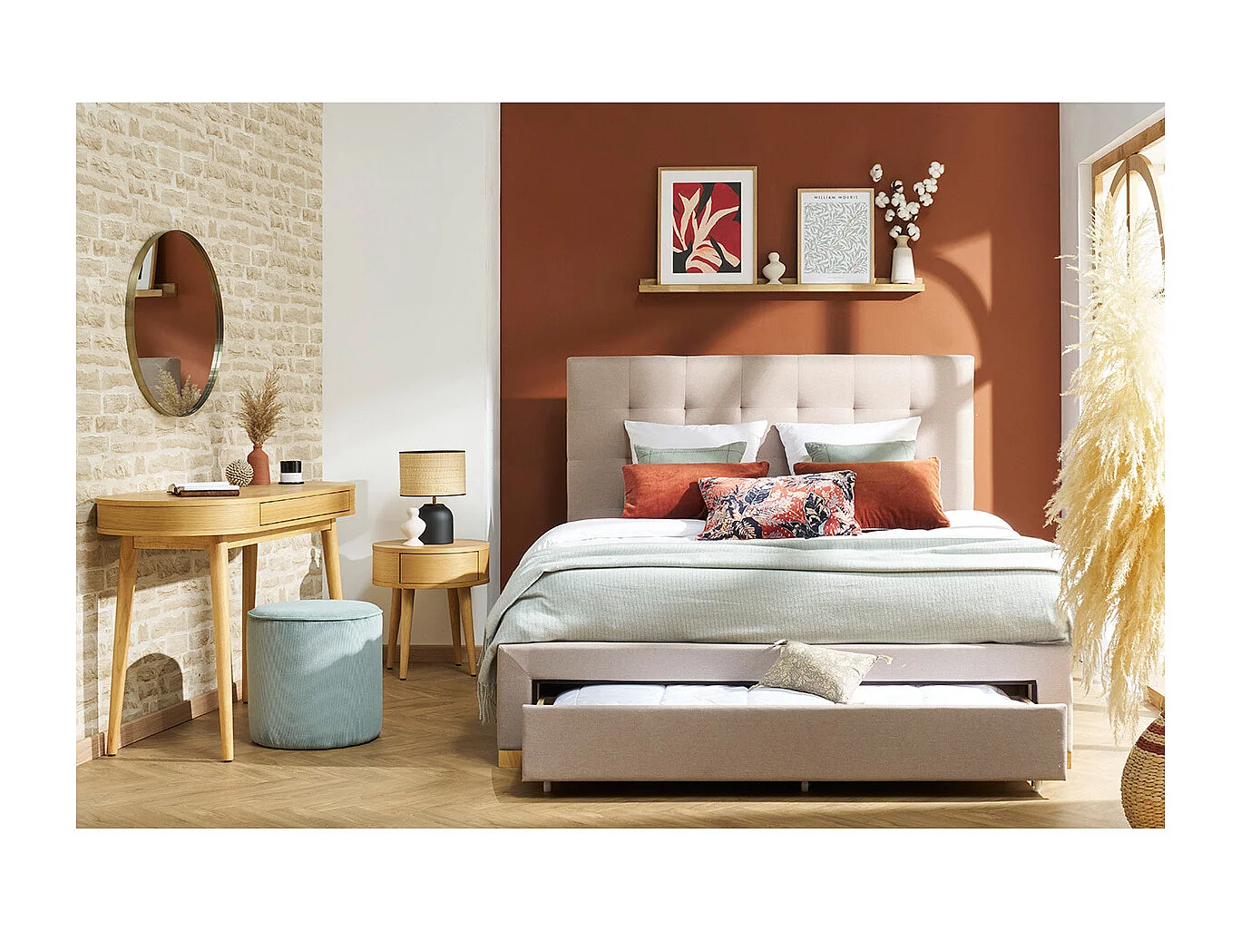 Letto con cassetti matrimoniale 160x200 cm in tessuto beige RENO