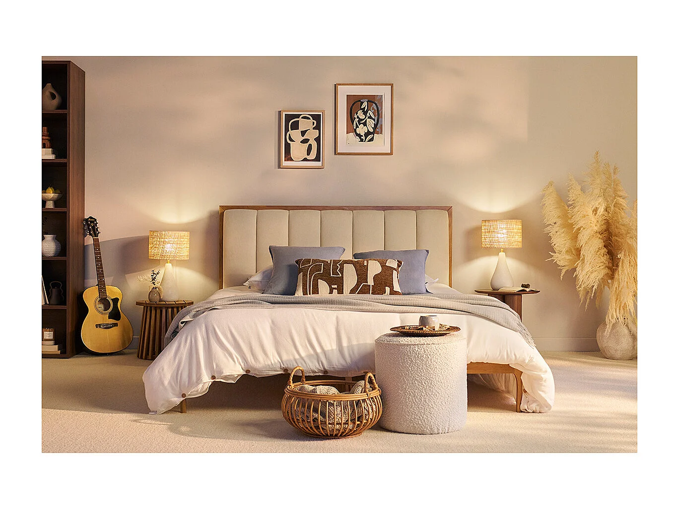 Lit 2 places 160x200 cm en bois clair et tissu gris clair RONN