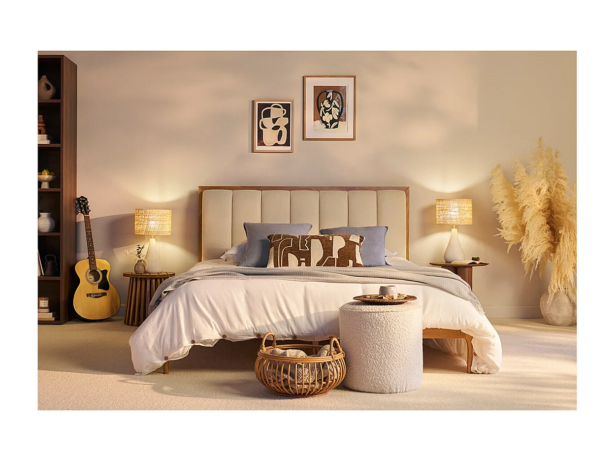 Lit 2 places 160x200 cm en bois clair et tissu gris clair RONN