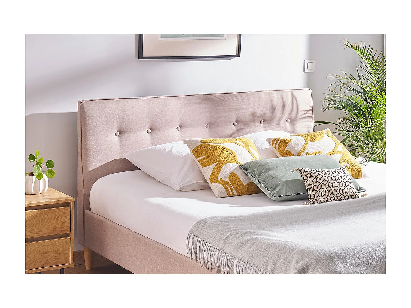 Cama 2 plazas 160 x 200 cm con cabecero de cama de tela beige LEONCE