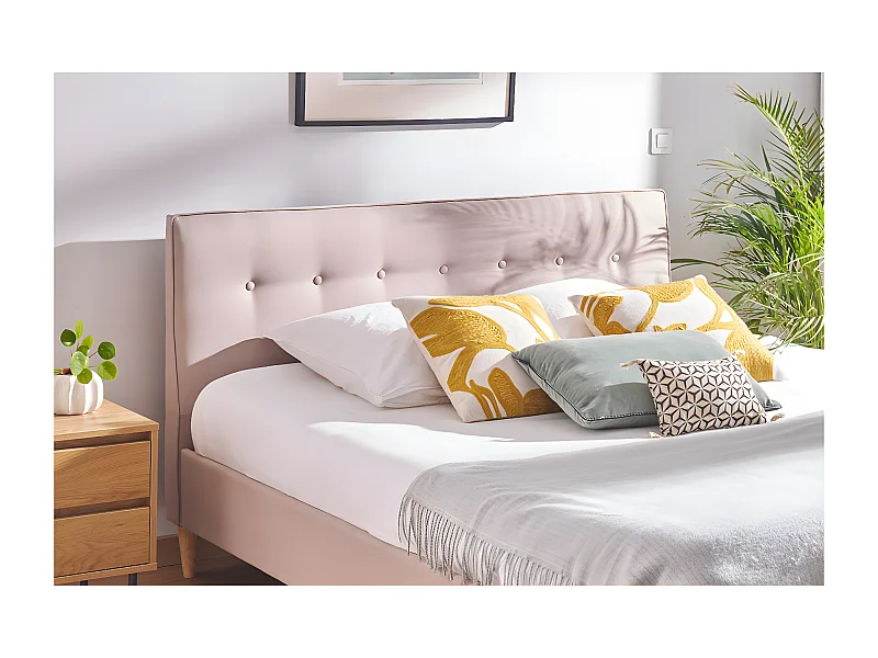 Lit 2 places 160x200 cm avec tête de lit en tissu beige LEONCE