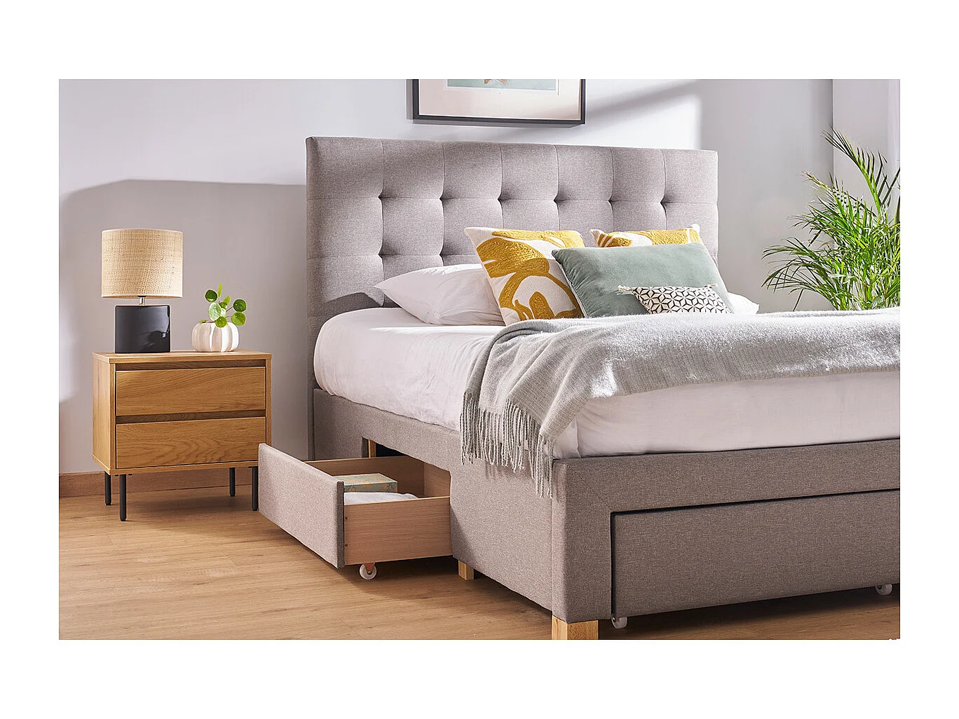 Letto con cassetti matrimoniale 160x200 cm in tessuto grigio chiaro RENO