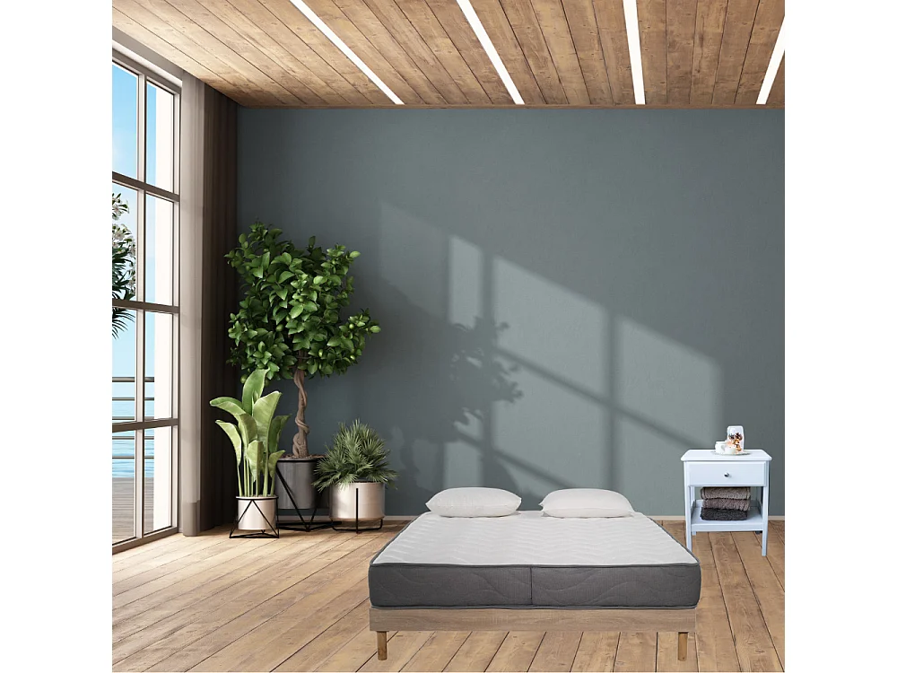 Ensemble Matelas mousse Luxe - 140x200 et 2 Oreillers mémoire 60x60 - Sommier kit couleur chêne