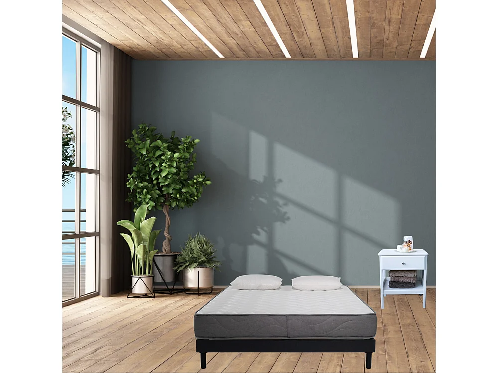 Ensemble Matelas Mousse Luxe - 140x200 et 2 Oreillers mémoire 60x60 - Sommier kit Gris