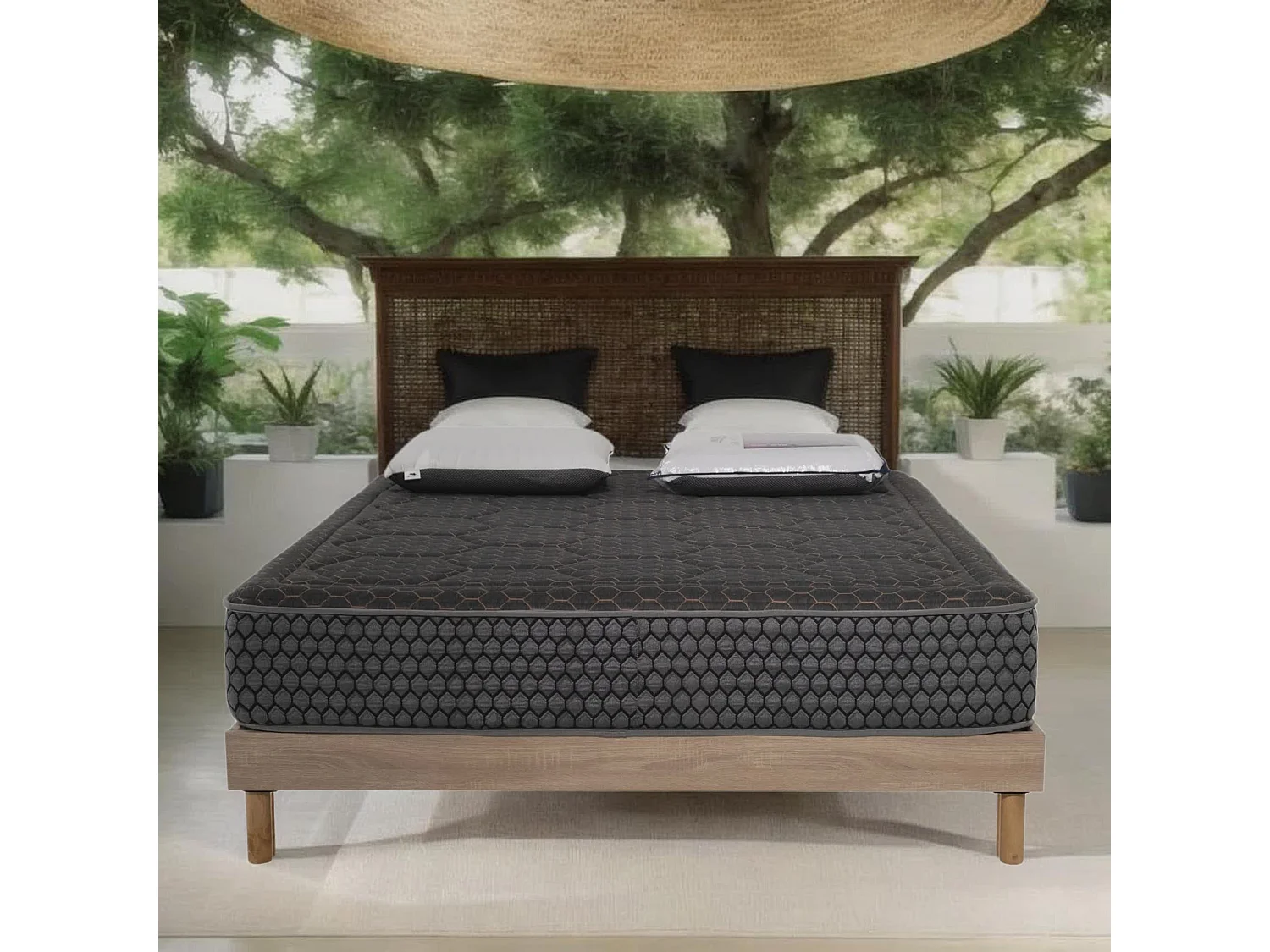 Ensemble Matelas mousse Cosmos Black accueil mémoire -140x200-2 Oreillers 70x40-Sommier kit chêne