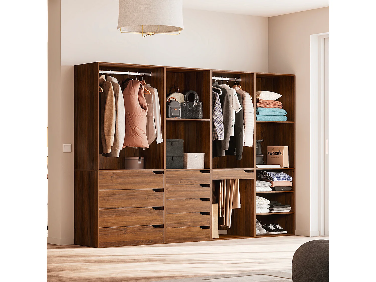 Kit dressing modulable avec 4 éléments. noyer. panneaux stratifiés