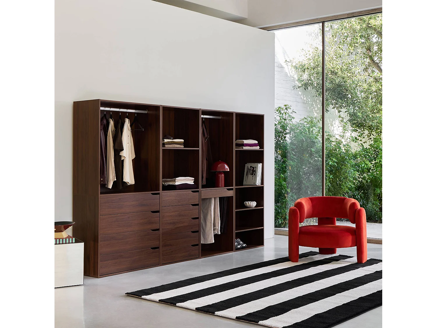 Módulo de vestidor con decoración de madera 4 elementos nogal