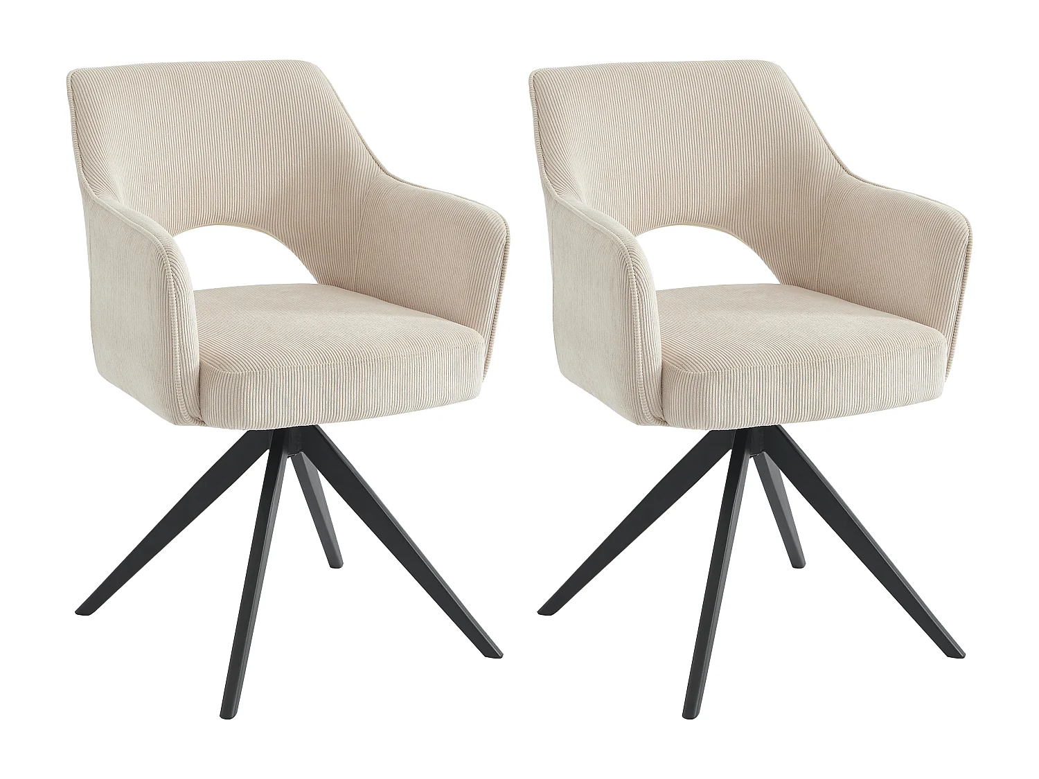 Lot de 2 chaises pivotantes avec accoudoirs en velours côtelé et métal noir - Crème - KONYA