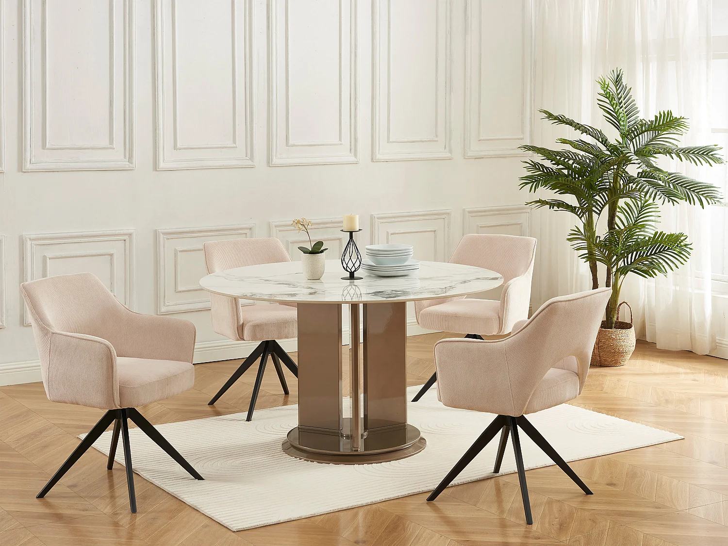 Lot de 2 chaises pivotantes avec accoudoirs en velours côtelé et métal noir - Crème - KONYA