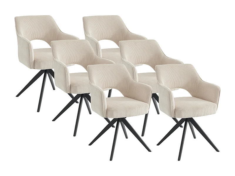 Lot de 6 chaises pivotantes avec accoudoirs en velours côtelé et métal noir - Crème - KONYA