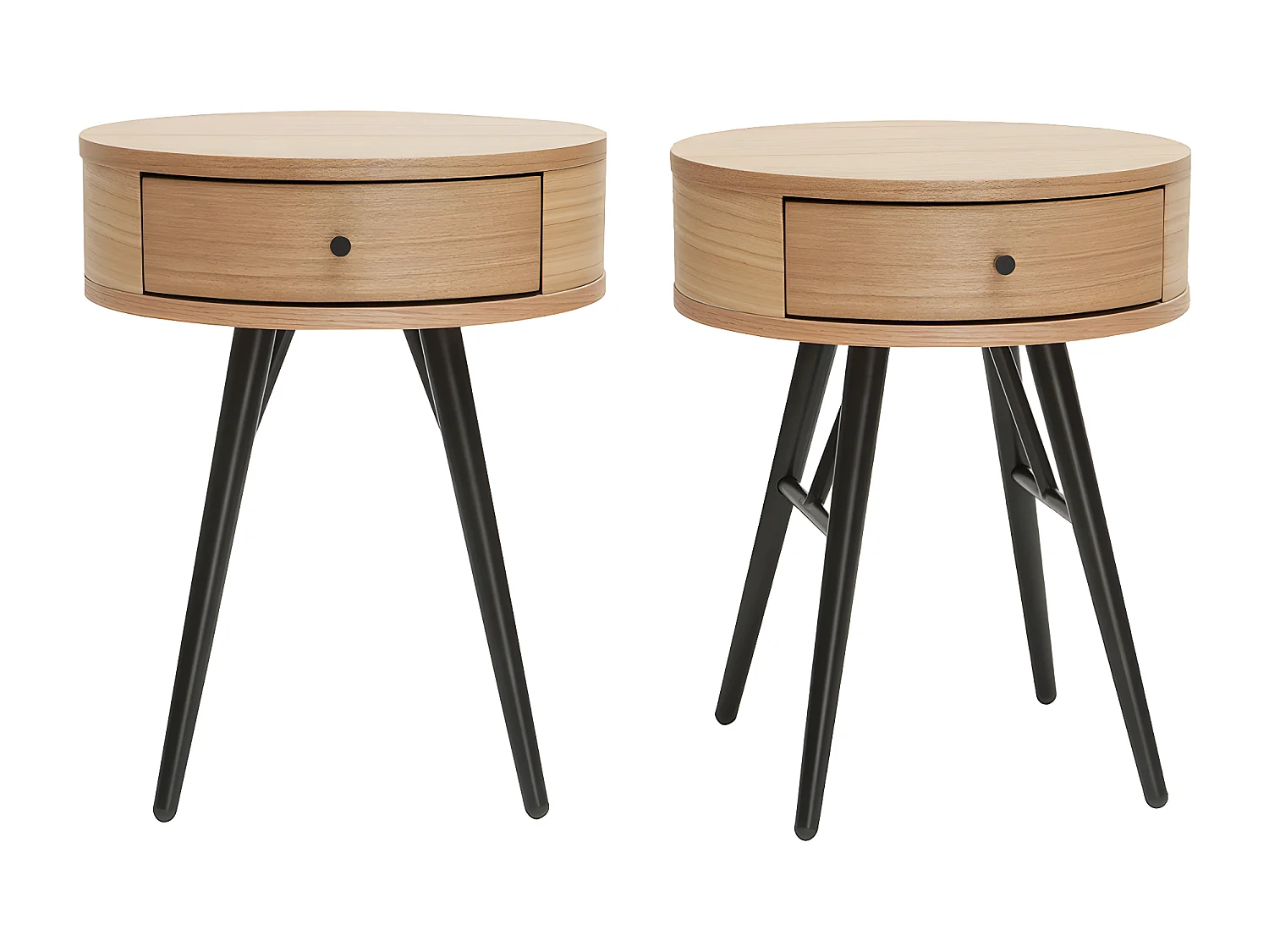 Comodini rotondi con cassetto legno chiaro e metallo nero D41 cm (set di 2) KORAL