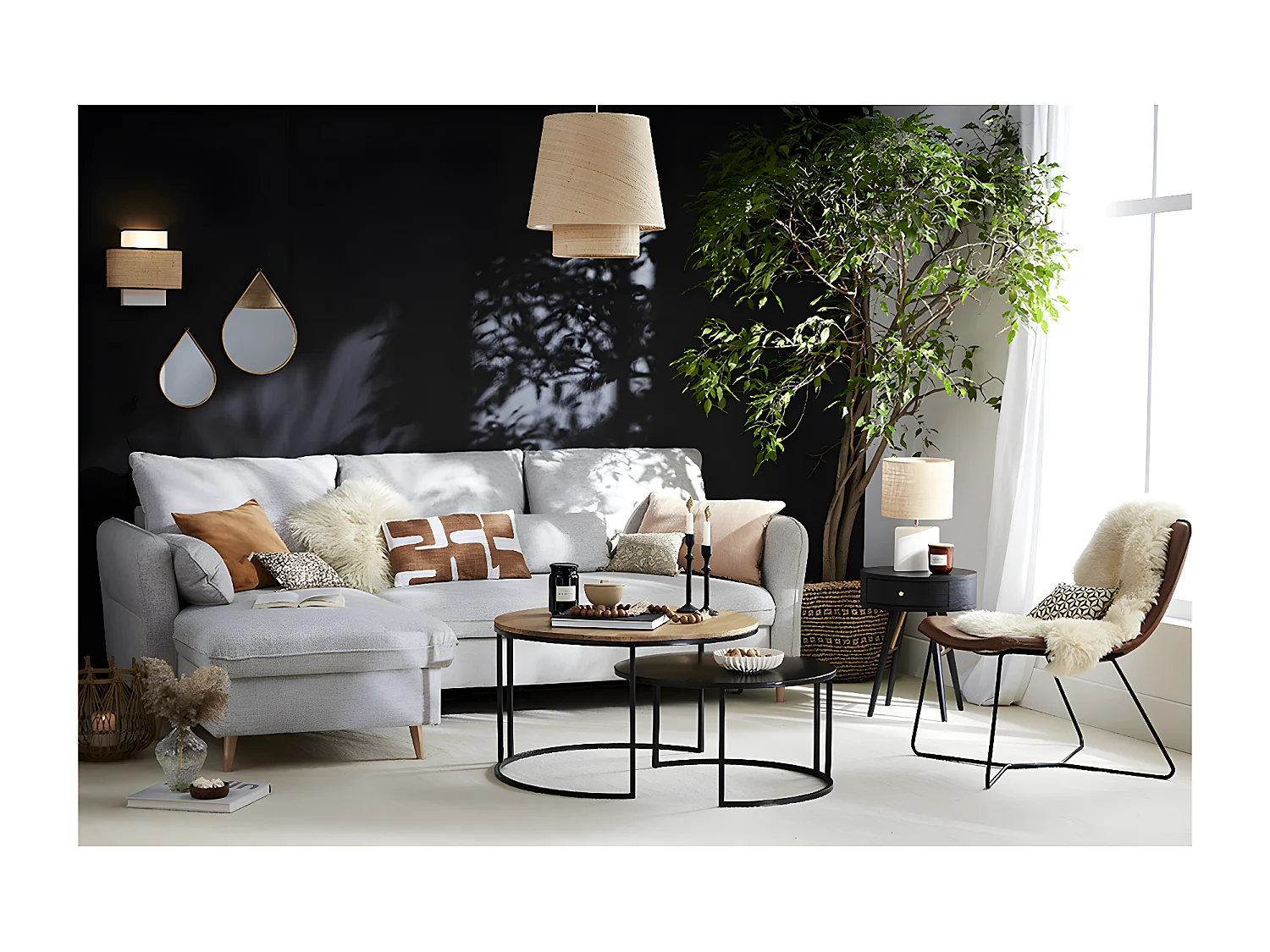 Comodini rotondi con cassetto legno chiaro e metallo nero D41 cm (set di 2) KORAL