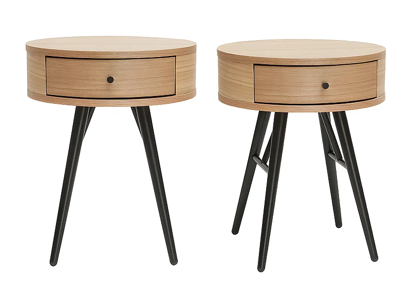Comodini rotondi con cassetto legno chiaro e metallo nero D41 cm (set di 2) KORAL