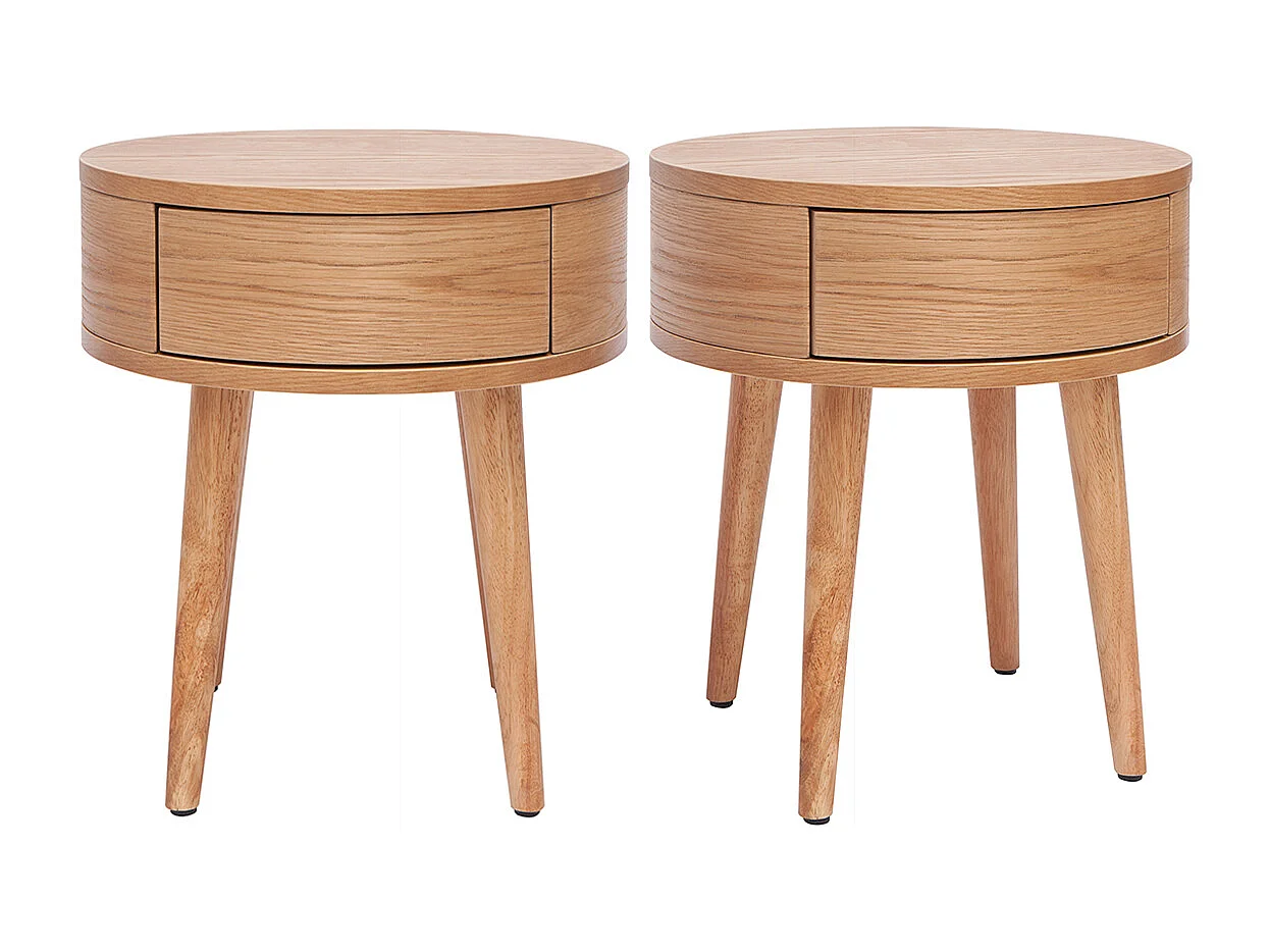 Set de 2 mesillas de noche redondas de madera clara con cajón JUDITH