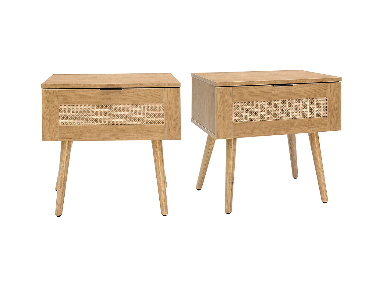 Tables de chevet finition bois clair, cannage rotin et métal noir (lot de 2) MANILLE