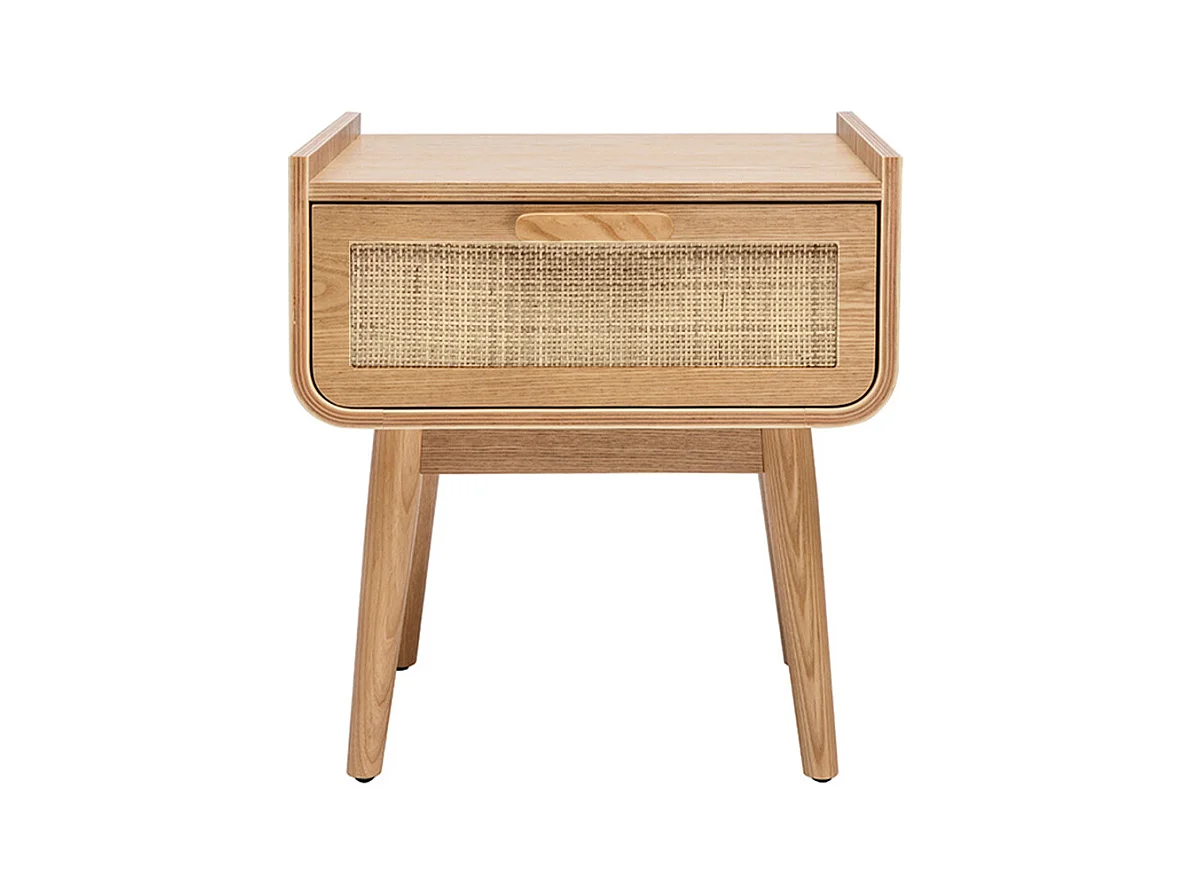 Table de chevet avec tiroir en bois clair frêne et cannage rotin ATHÈNE