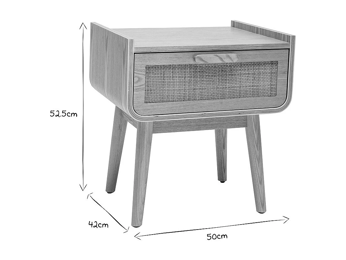 Comodino con cassetto in legno massello chiaro e motivo a intreccio in rattan ATHÈNE
