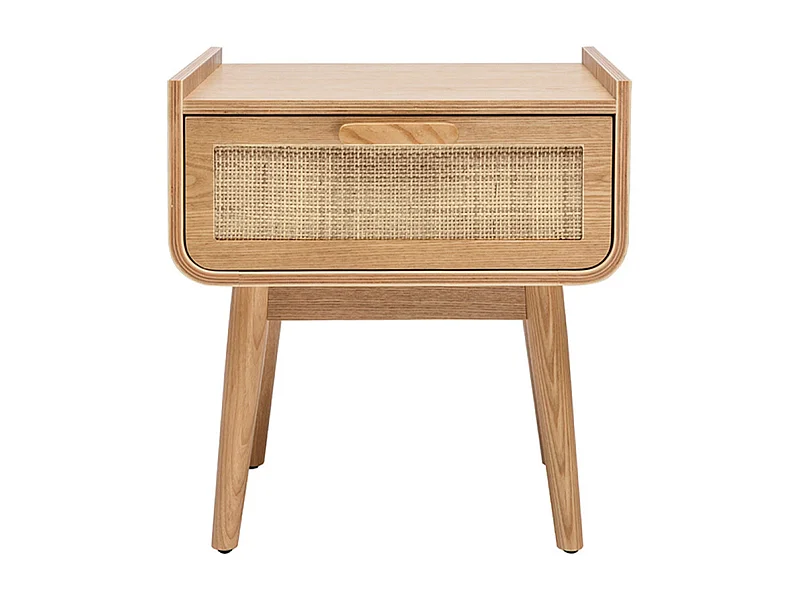 Comodino con cassetto in legno massello chiaro e motivo a intreccio in rattan ATHÈNE