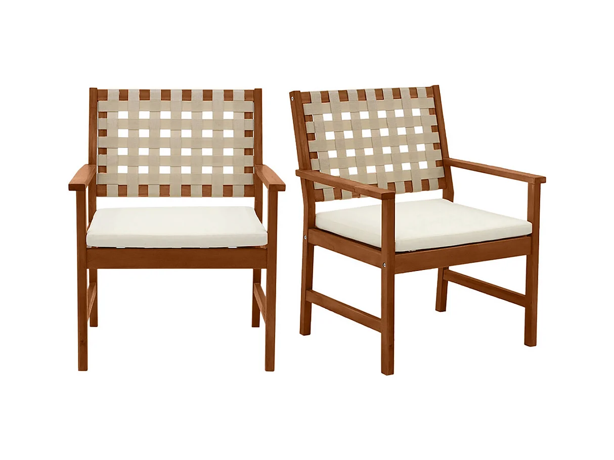 Fauteuils de jardin en bois massif avec coussin blanc et sangles beiges (lot de 2) SANTANA