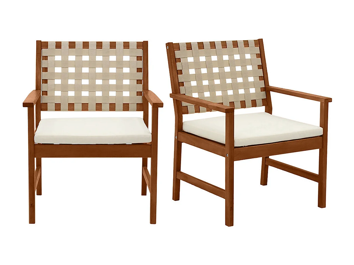 Fauteuils de jardin en bois massif avec coussin blanc et sangles beiges (lot de 2) SANTANA