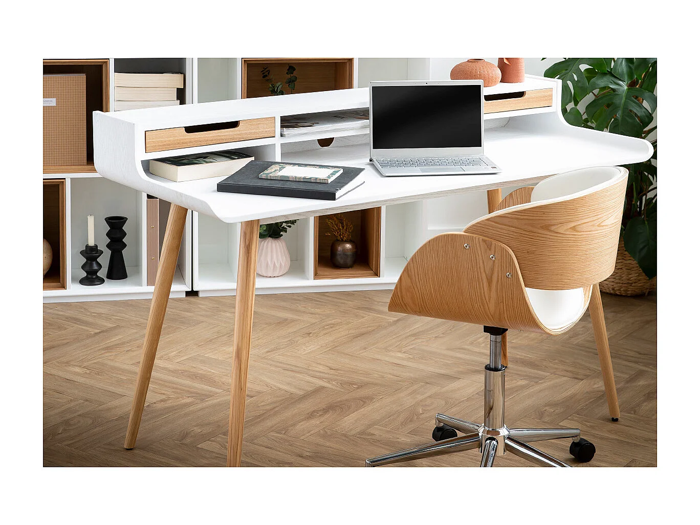 Scrivania scandinava in legno e bianco 2 cassetti L140 cm OPUS