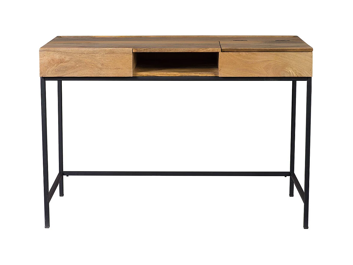 Bureau à rangements industriel bois manguier massif et métal noir L118 cm YPSTER
