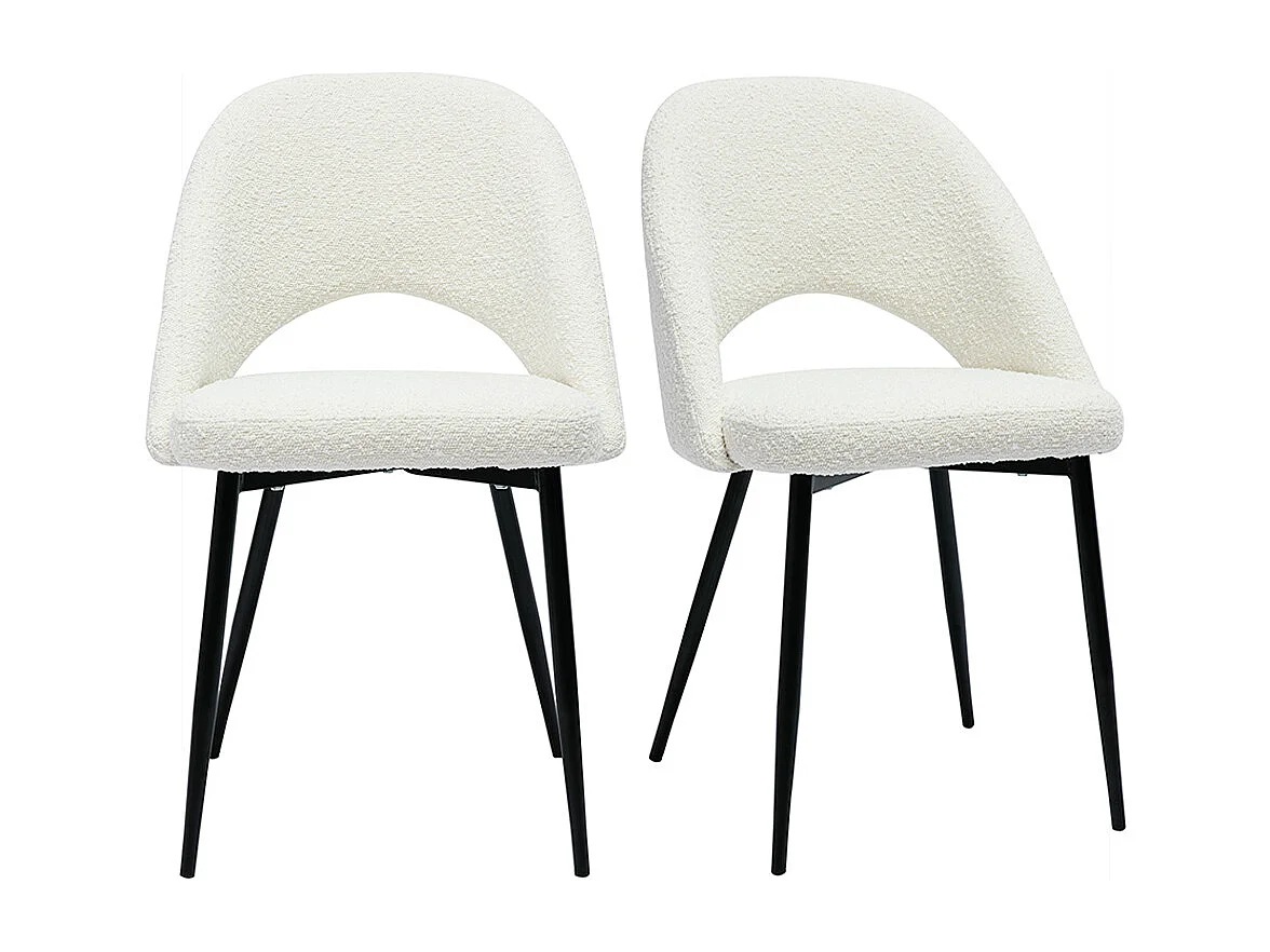 Design-Stühle aus Stoff mit Bouclé-Wolleffekt in Weiß und schwarzem Metall (2er-Set) COSETTE