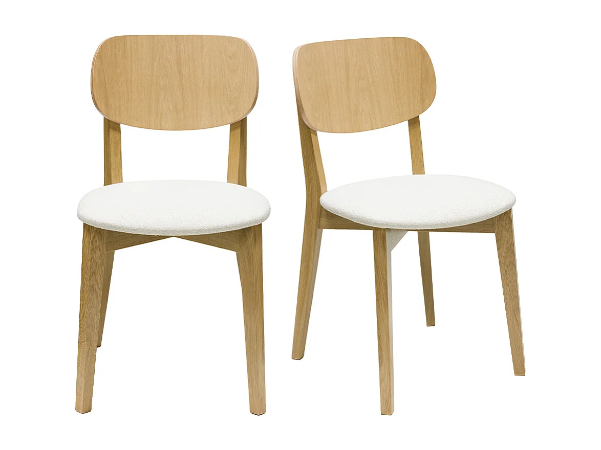 Vintage-Stühle aus hellem Holz mit Eichenfurnier und weißem Stoff mit strukturiertem Samteffekt (2er-Set) LUCIA