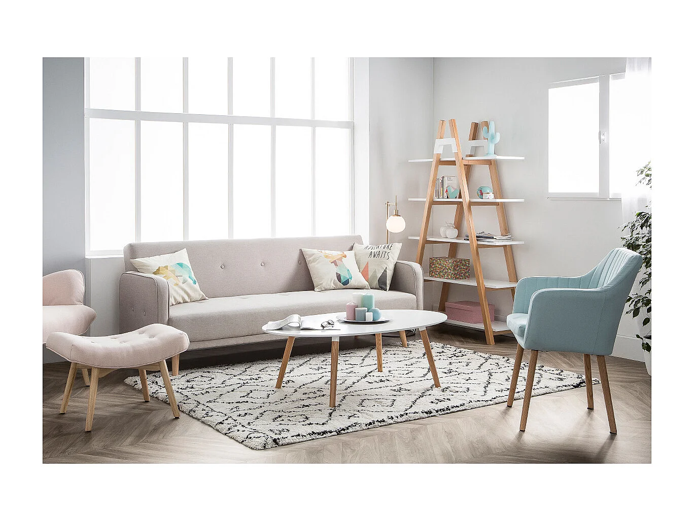 Sessel skandinavisch Blaugrün und Füße aus Eichenholz ALEYNA