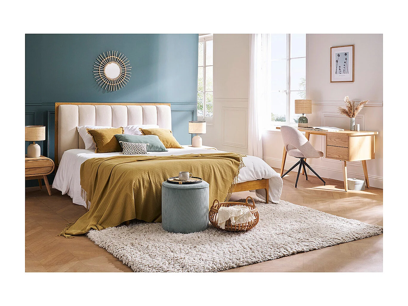 Runder Hocker aus graublauem Cord D 40 cm LOUIS