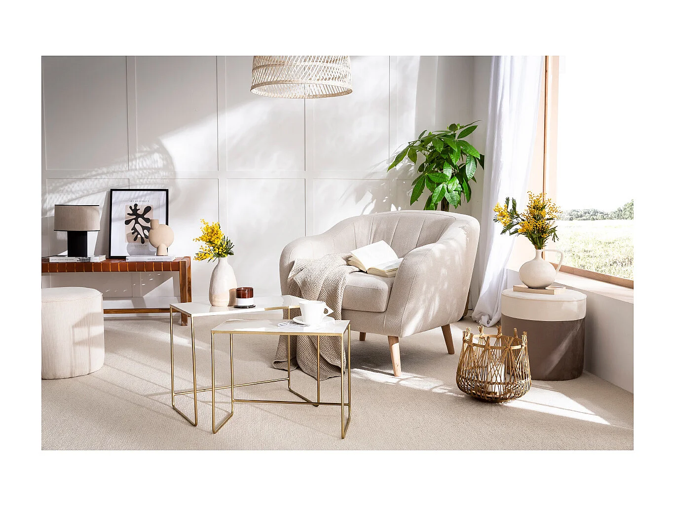 Pouf design bicolore in velluto bianco crema e talpa D40 cm DAISY