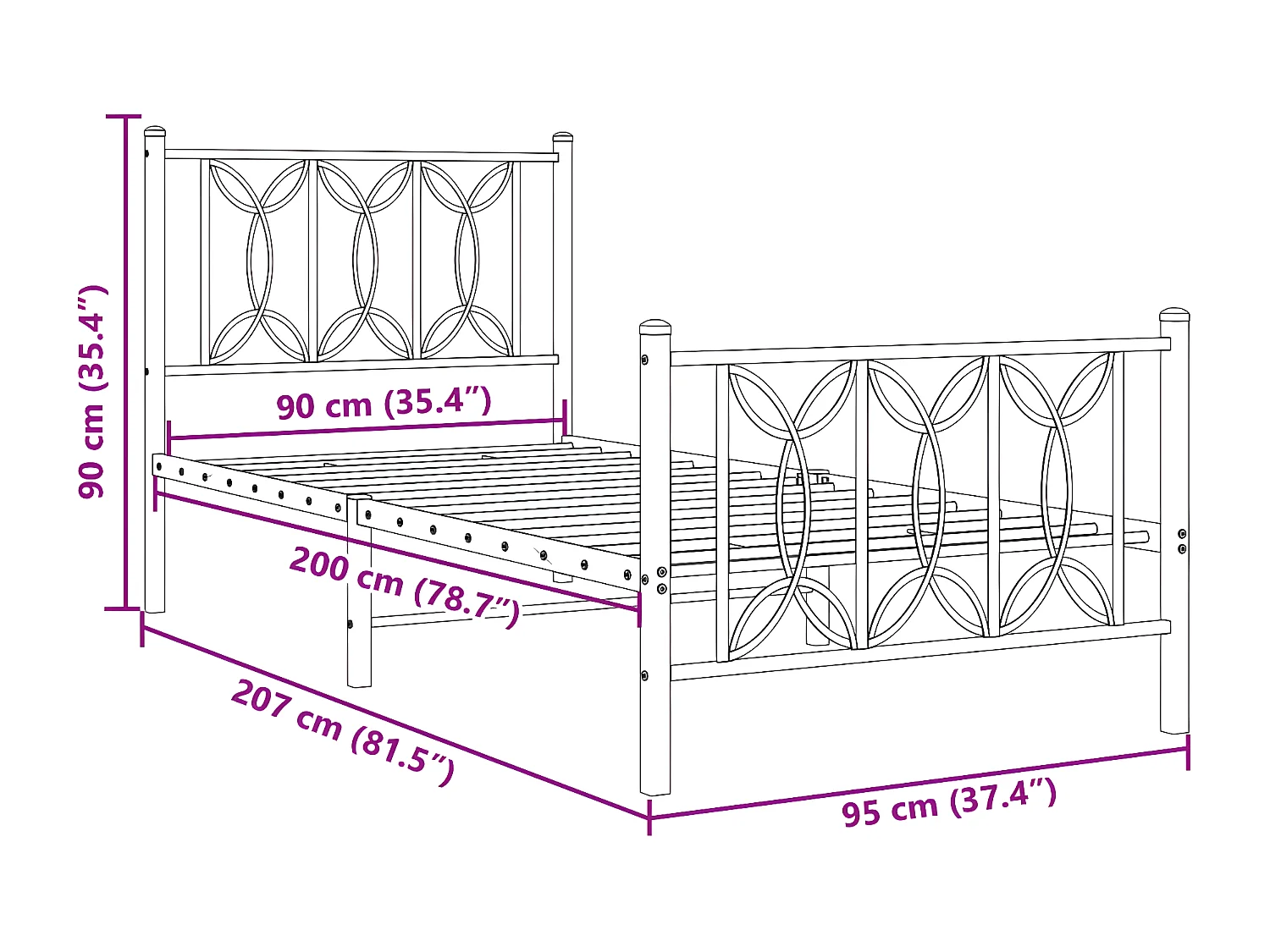 Estrutura de cama com cabeceira e pés 90x200 cm metal preto