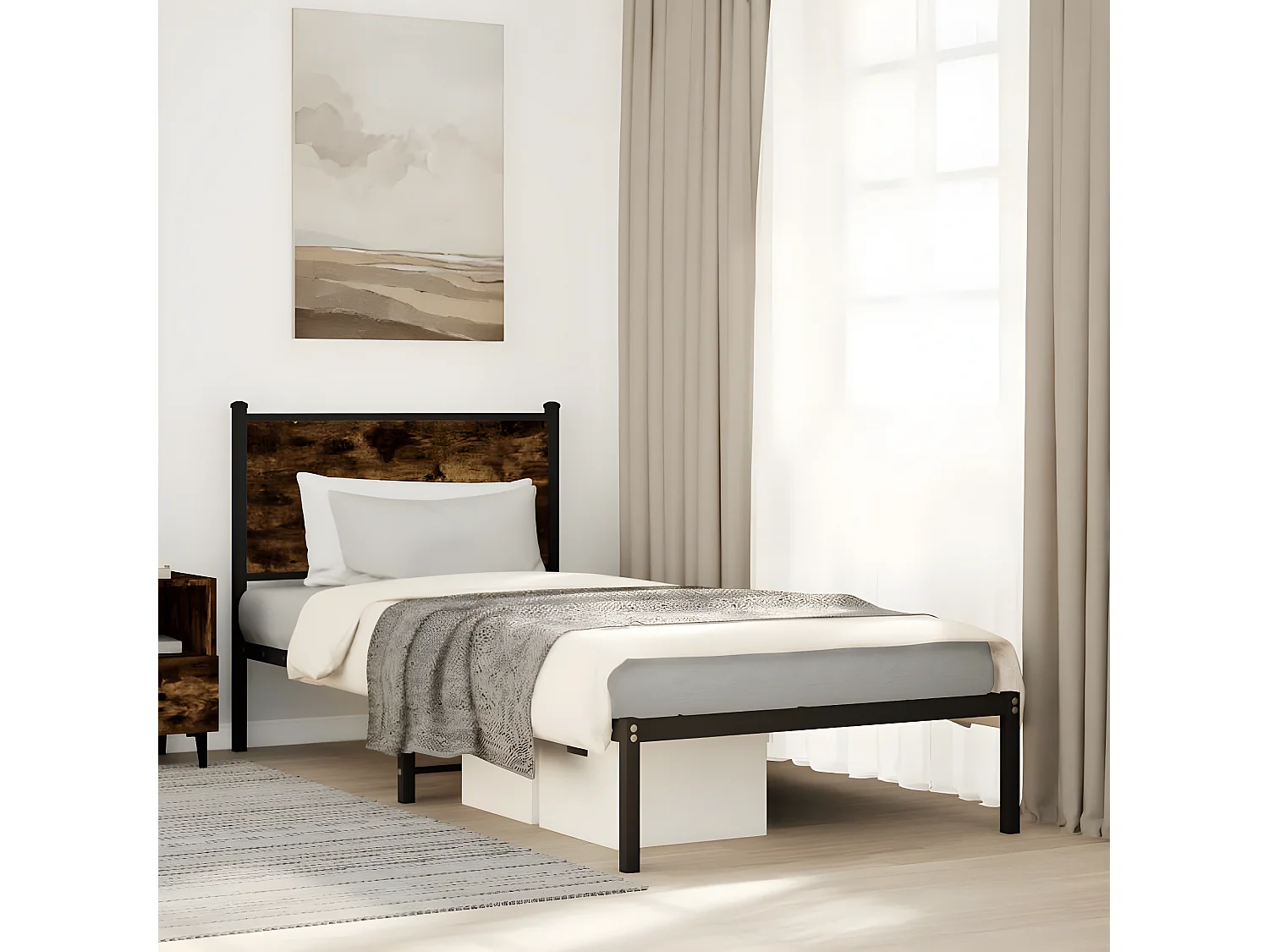 Estrutura de cama com cabeceira 90x200 cm metal carvalho fumado