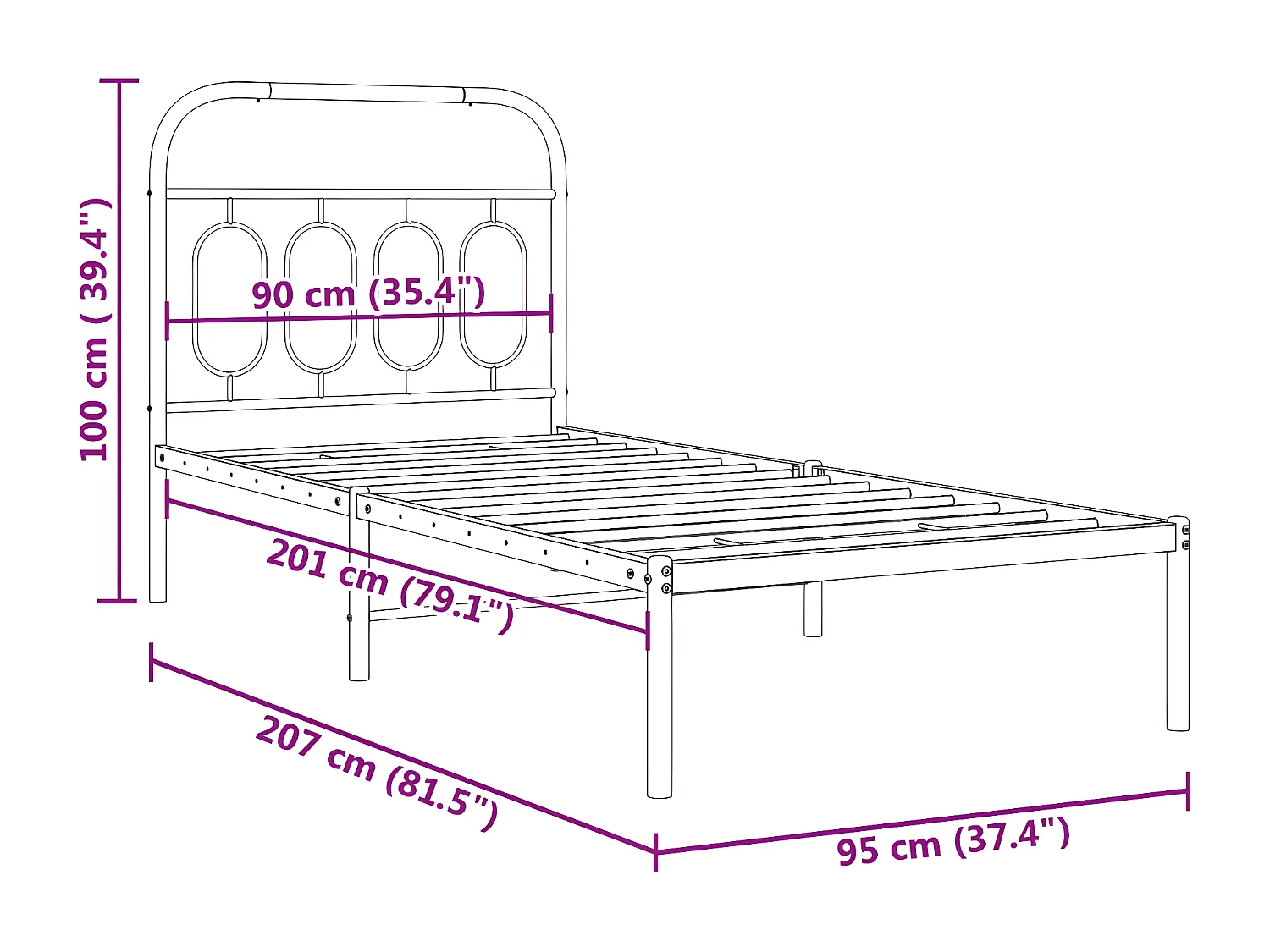 Cadre de lit métal avec tête de lit blanc 90x200 cm