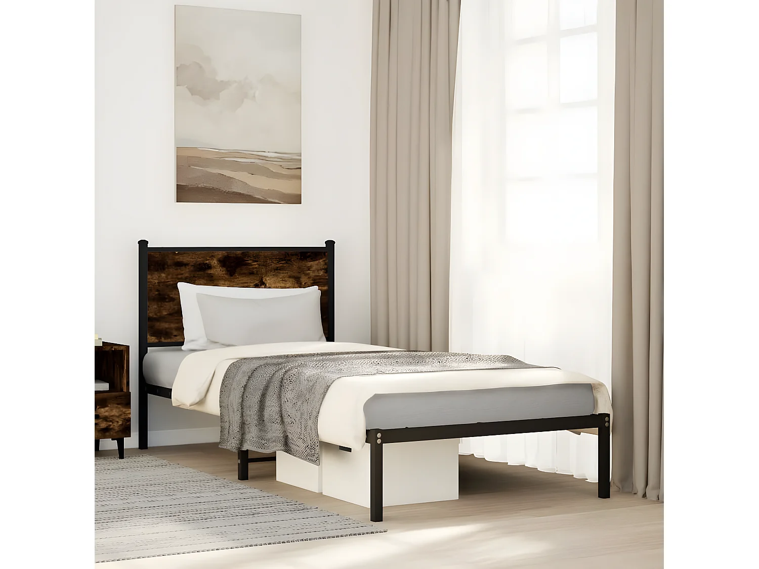 Estrutura de cama com cabeceira 90x190 cm metal carvalho fumado