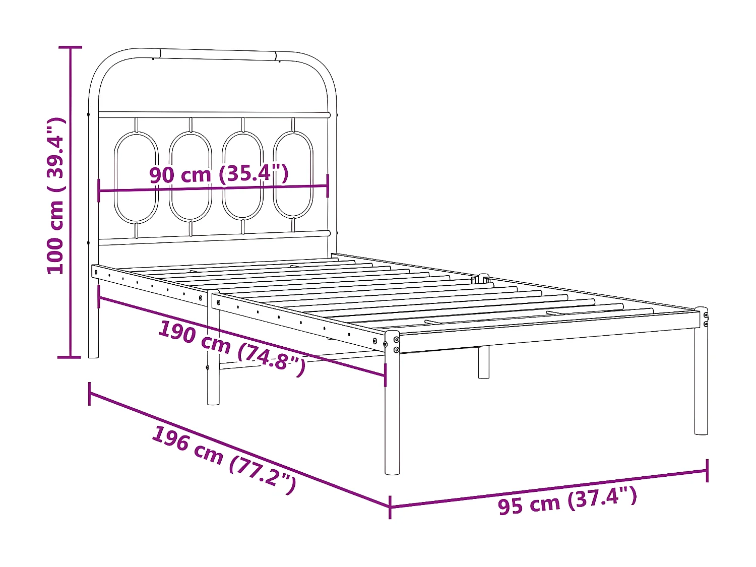 Cadre de lit métal avec tête de lit blanc 90x190 cm