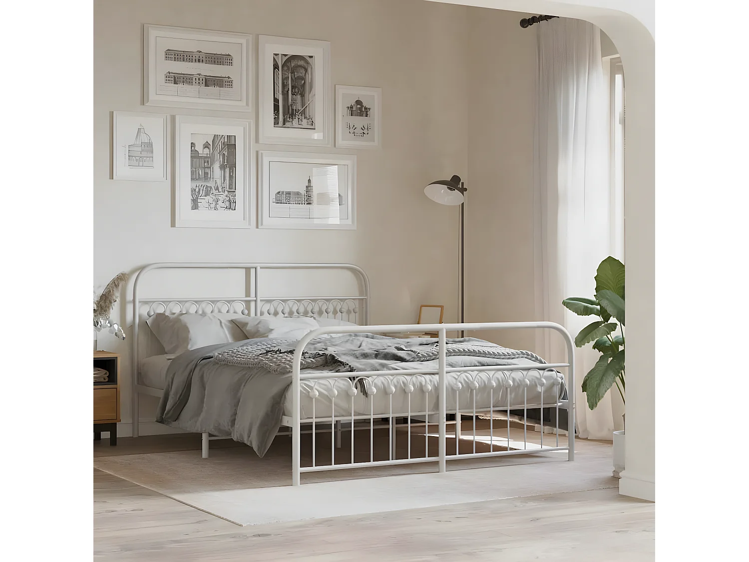 Estructura cama metal con cabecero y estribo blanco 160x200 cm