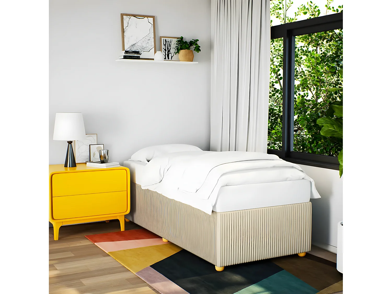 Estructura de cama de tela color crema 90x190 cm