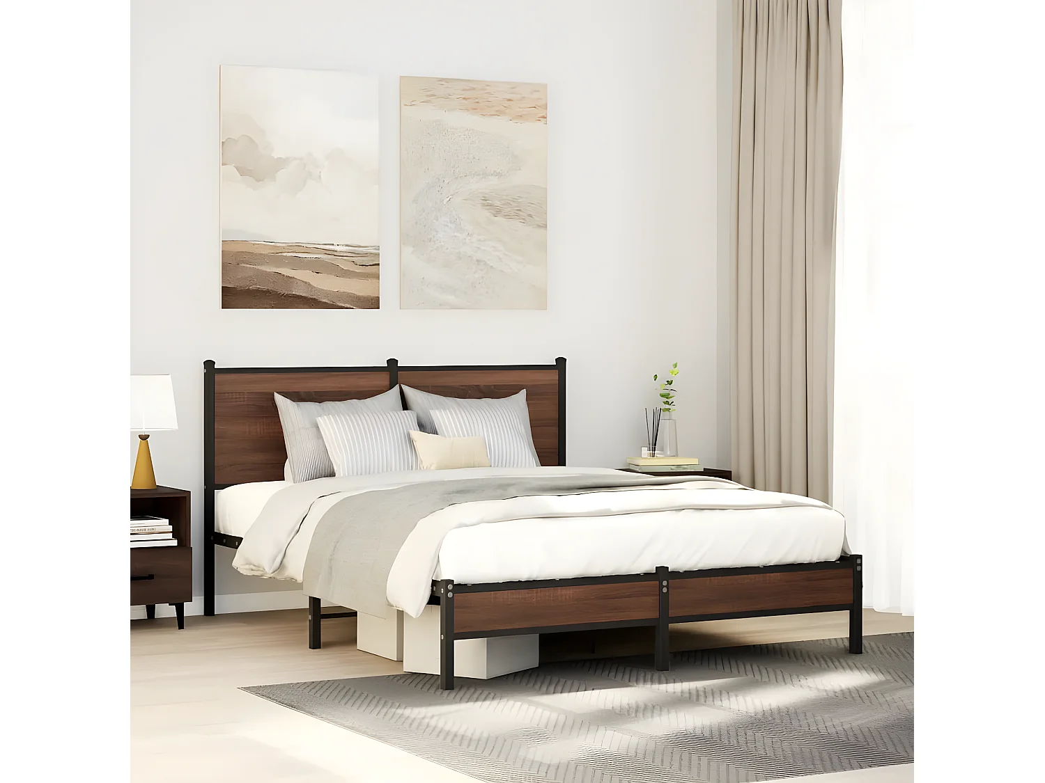 Estrutura cama com cabeceira 140x190cm metal carvalho castanho