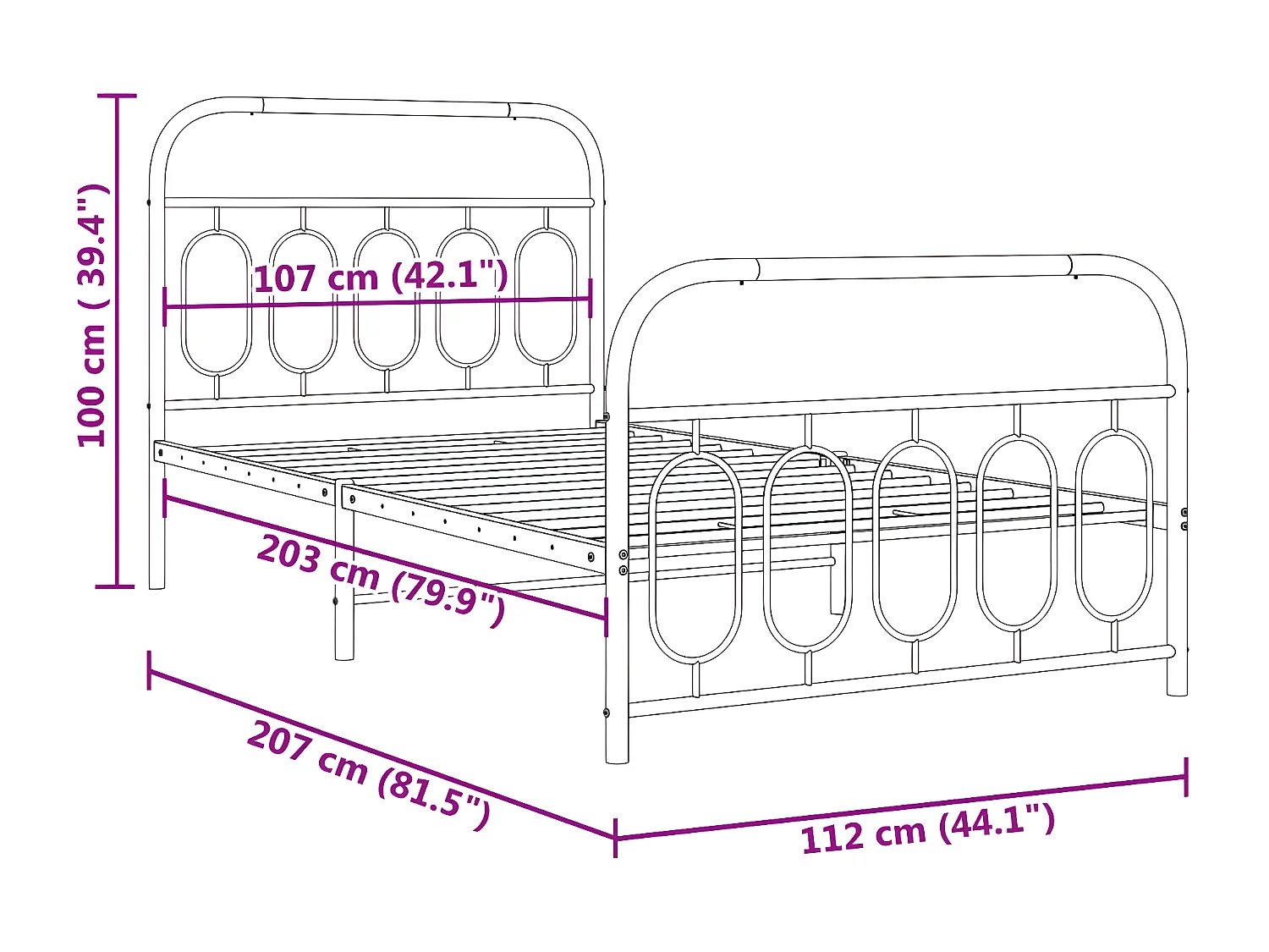Estrutura de cama com cabeceira e pés 107x203 cm metal branco