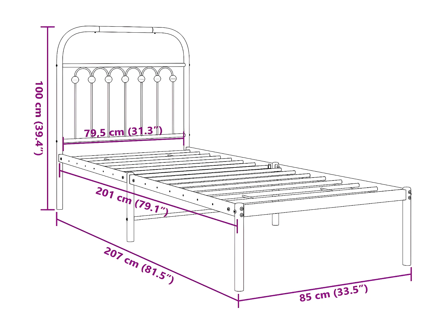 Estrutura de cama com cabeceira 80x200 cm metal preto