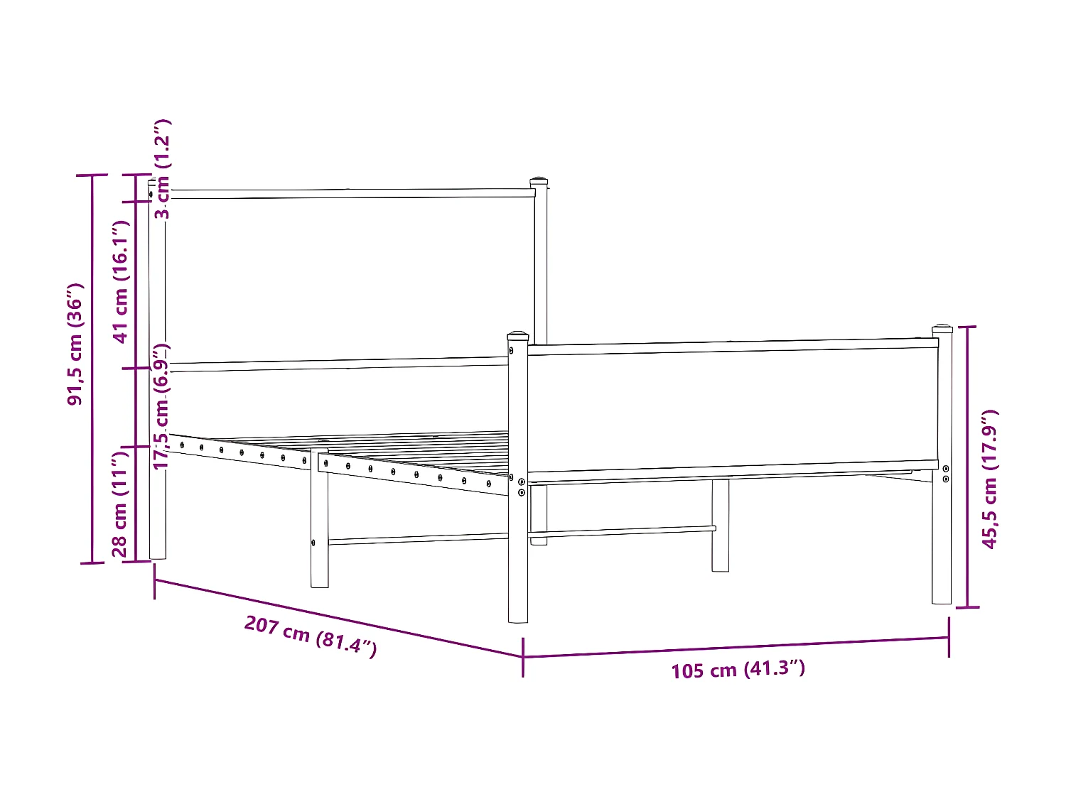 Cadre de lit métal avec tête de lit et pied de lit 100x200 cm