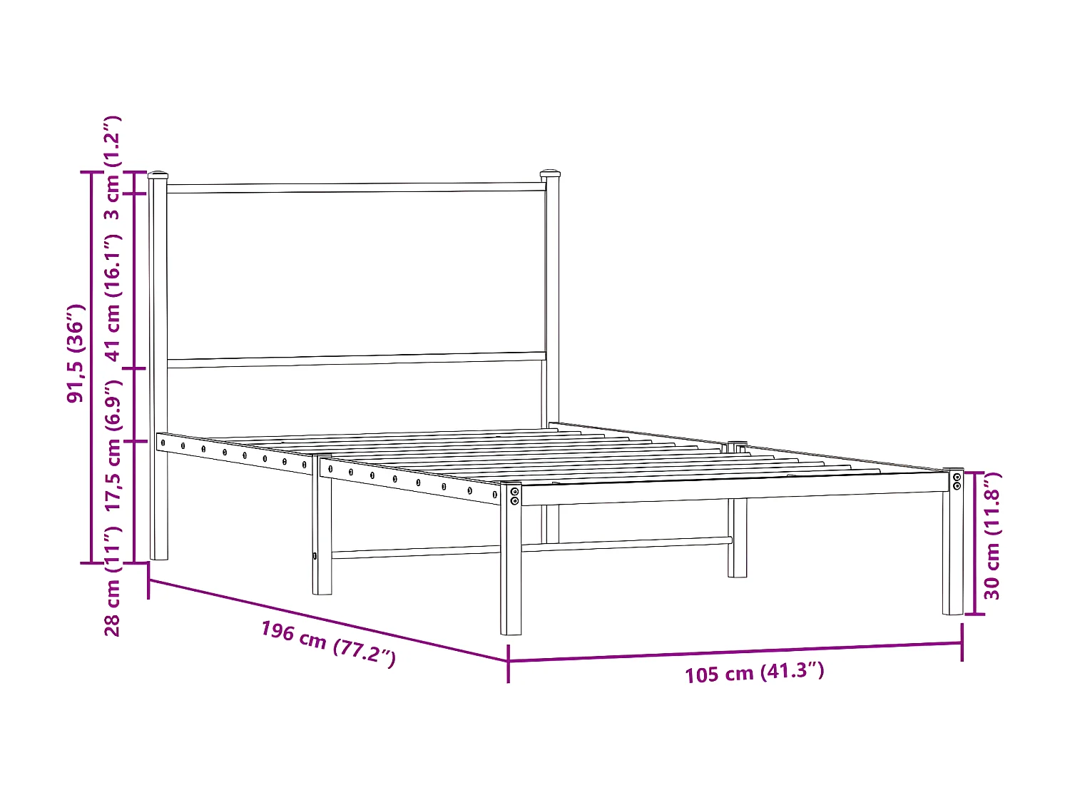 Estrutura de cama com cabeceira 100x190cm metal carvalho fumado