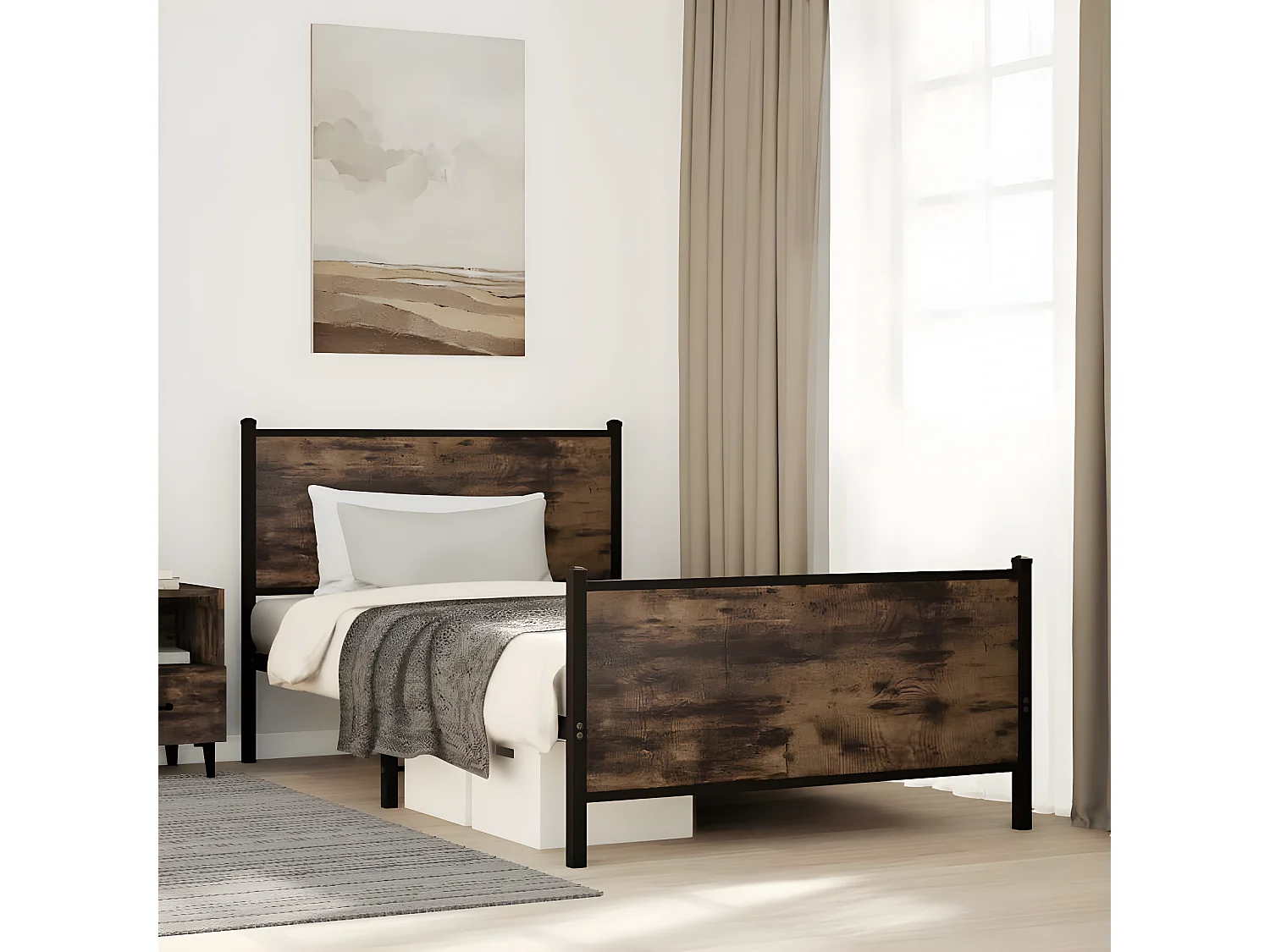 Cama con cabecero y pie de cama metal roble ahumado 100x190 cm