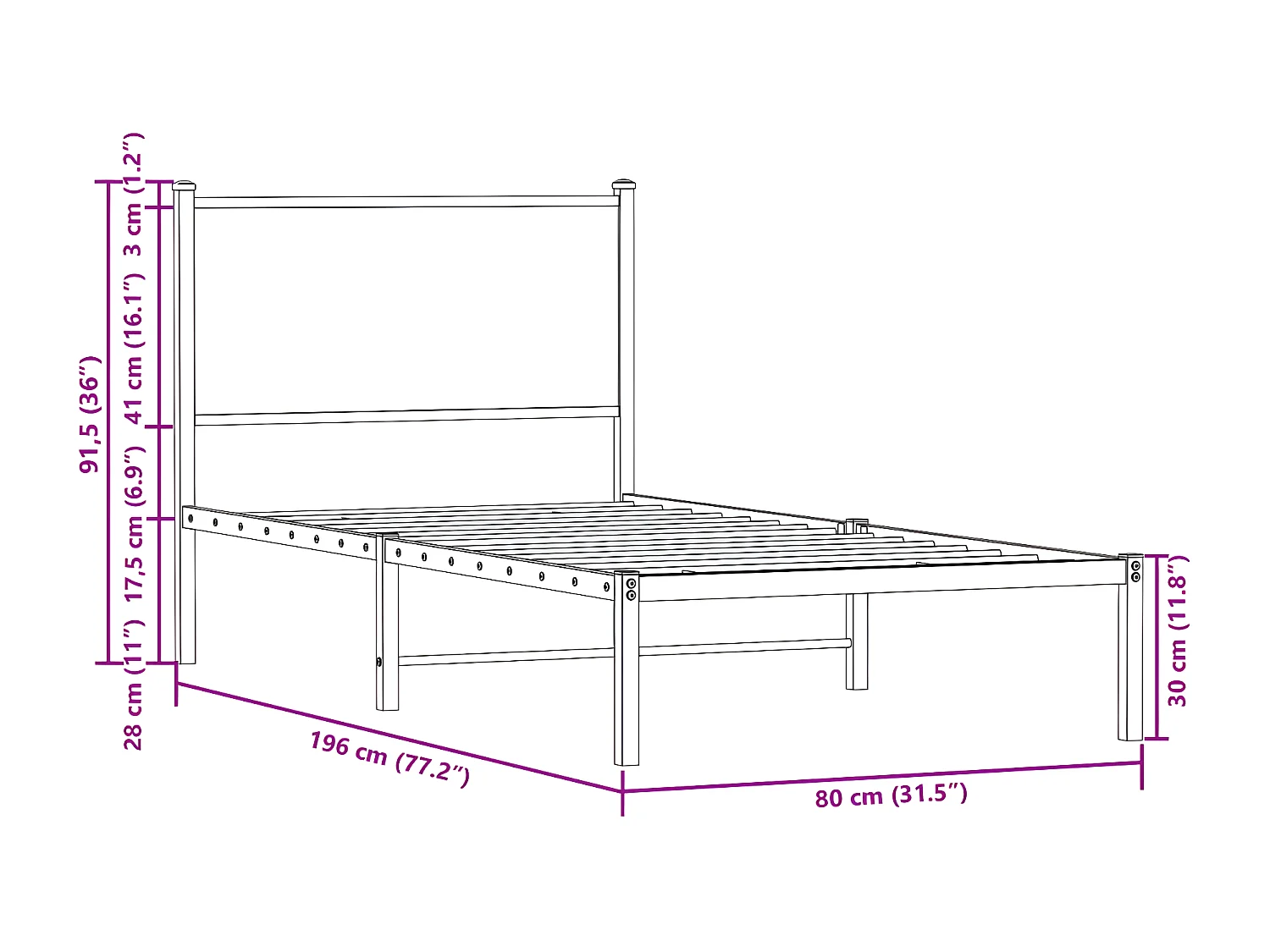 Estrutura de cama com cabeceira 75x190 cm metal carvalho fumado
